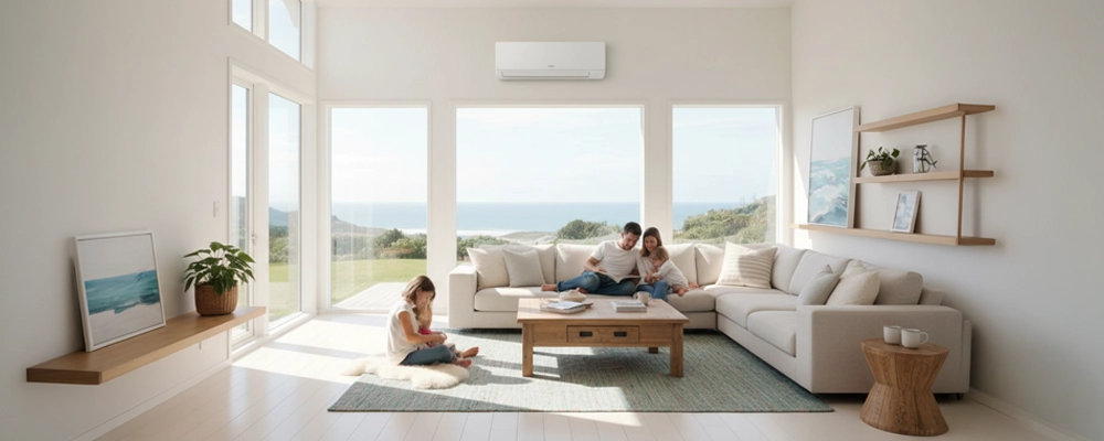 Bright New Zealand living room with a wall-mounted heat pump, large windows, and a family relaxing in a fresh, comfortable indoor space.