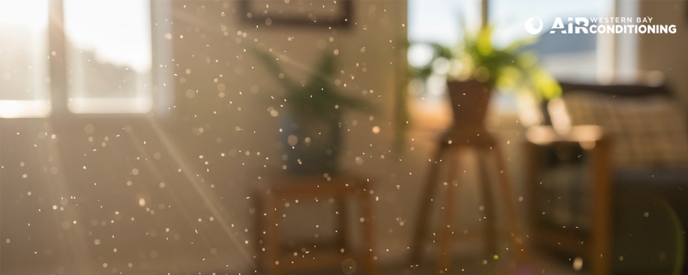 Sunlight reveals dust particles floating in a home, showing common indoor air pollutants that air conditioning and ventilation can help reduce.