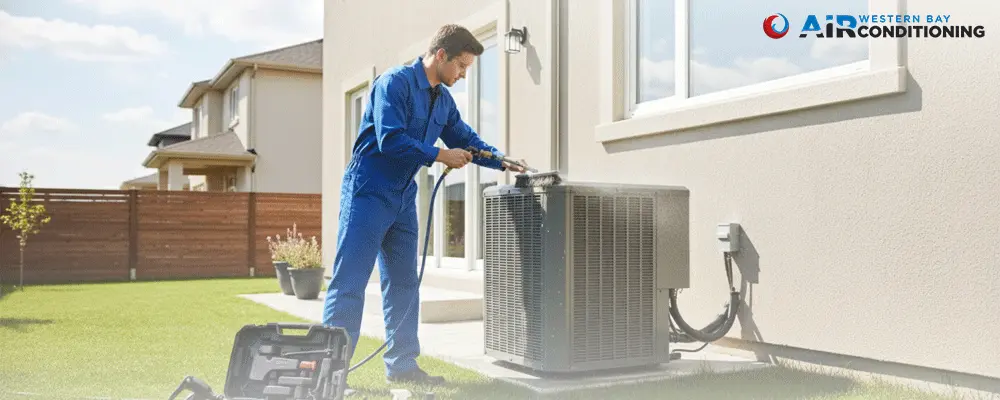 A Western Bay Air Conditioning technician performing a professional heat pump cleaning on an outdoor unit, using a spray wand to clear debris from the coils and ensure the system runs efficiently.